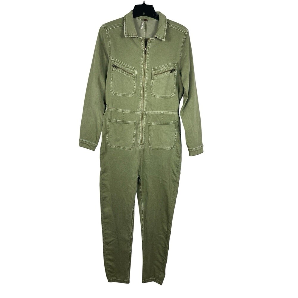 Free People M Army Green Utility Jumpsuit Boiler Suit Coverall Zip Front